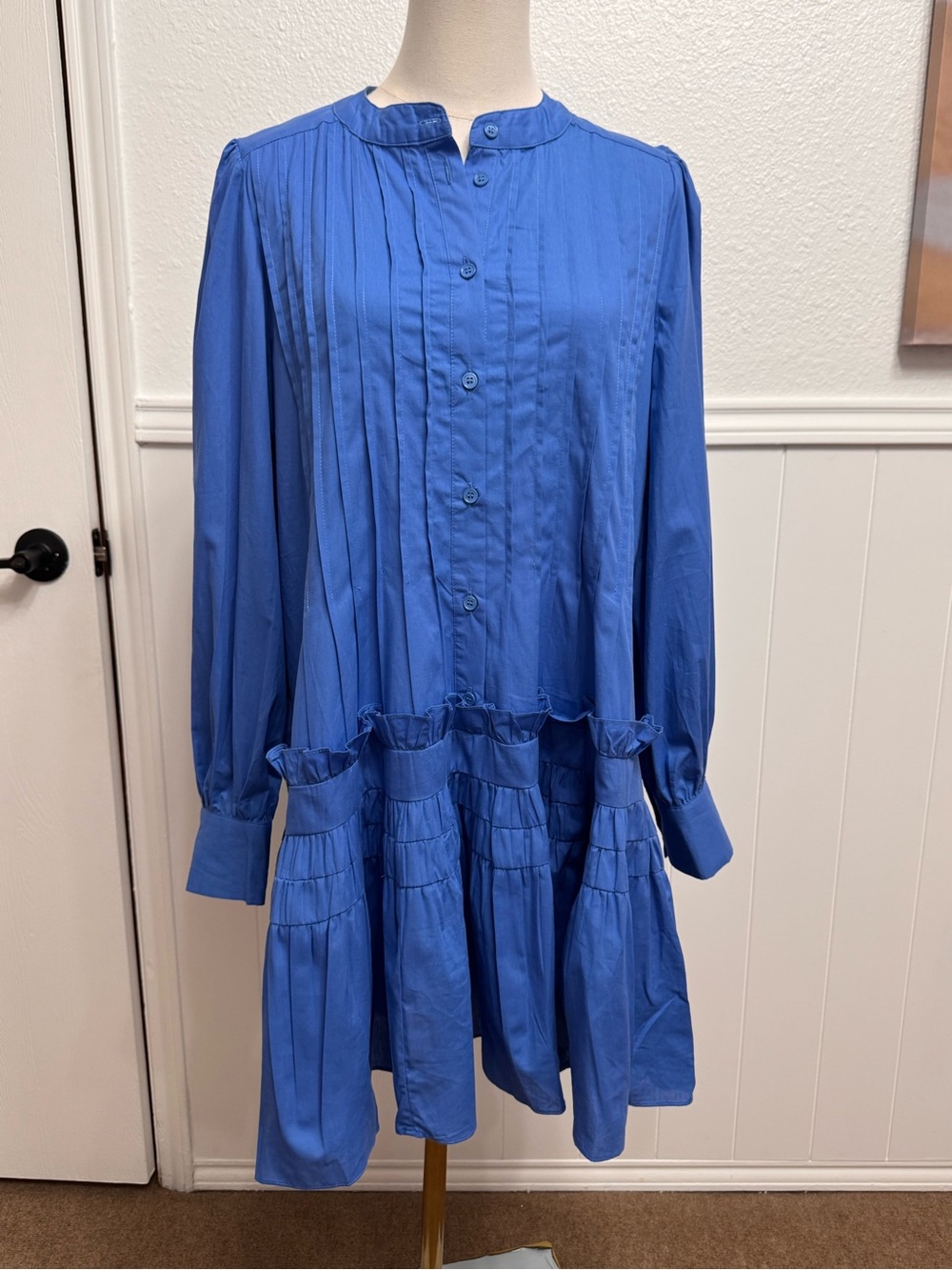 Pinch Royal Blue Pleated Long-Sleeve Drop-Waist Dress